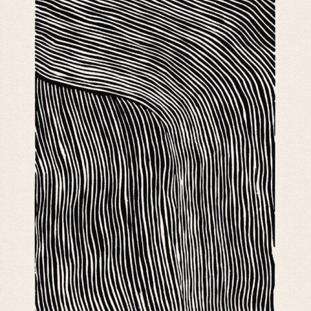 Tapet Stripes Linocut, Black, cu un model minimalist cu dungi curbate, în tonuri de alb și negru