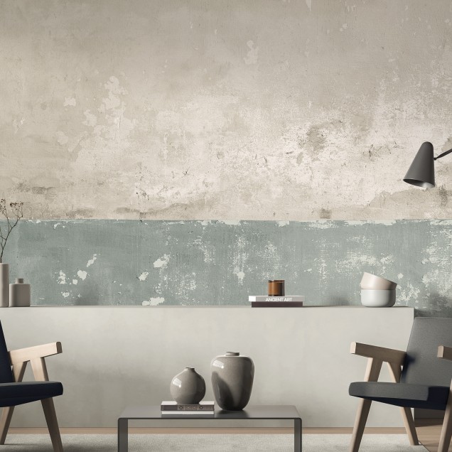 Flaking Plaster Wall, Green, un fototapet cu o textură rustică și unică, cu un design ce imită un perete de cărămidă vechi.