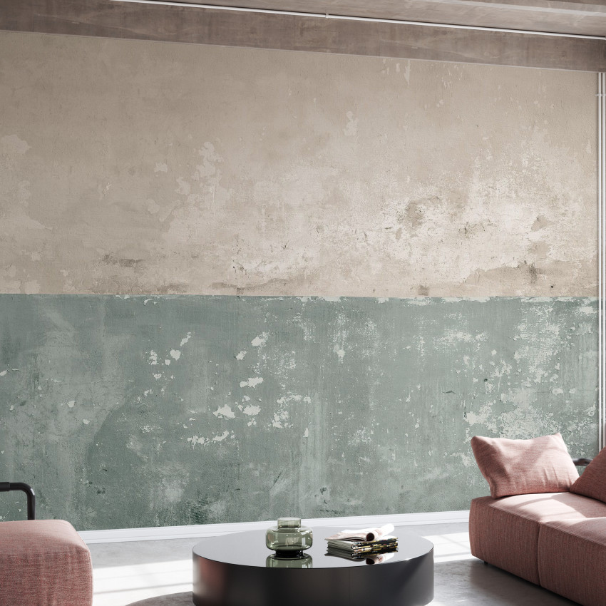 Tapet Flaking Plaster Wall - aspect de perete tencuit cu porțiuni care se decojesc, în nuanțe de gri și bej