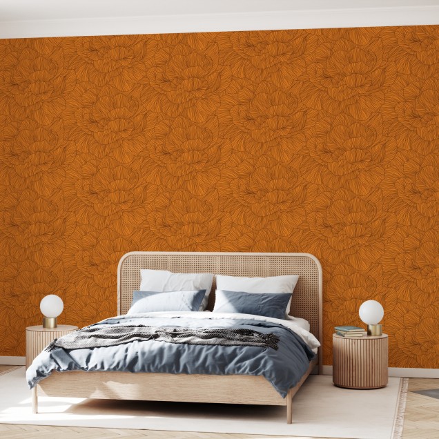 Tapet floral abstract, cu petale delicate în nuanțe de portocaliu puternic, ideal pentru a adăuga o notă de eleganță și rafinament spațiului dumneavoastră.
