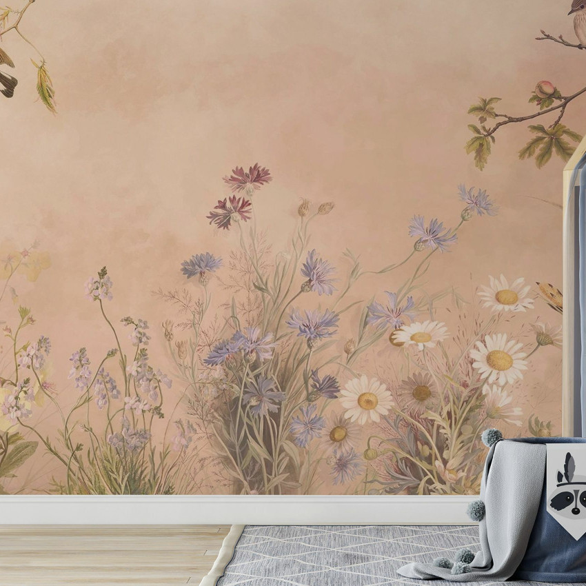 Fototapet floral cu motive naturale albastre