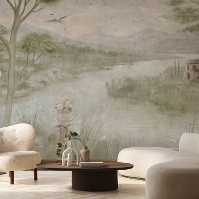 Fototapet cu un peisaj idilic cu râu și vegetație luxuriantă într-un interior modern