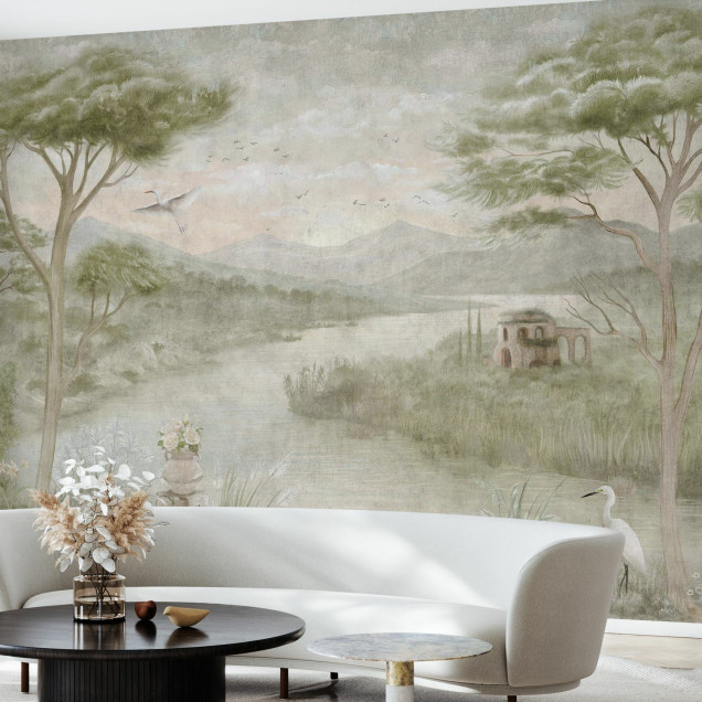 Fototapet cu un peisaj idilic cu râu și vegetație luxuriantă într-un interior modern