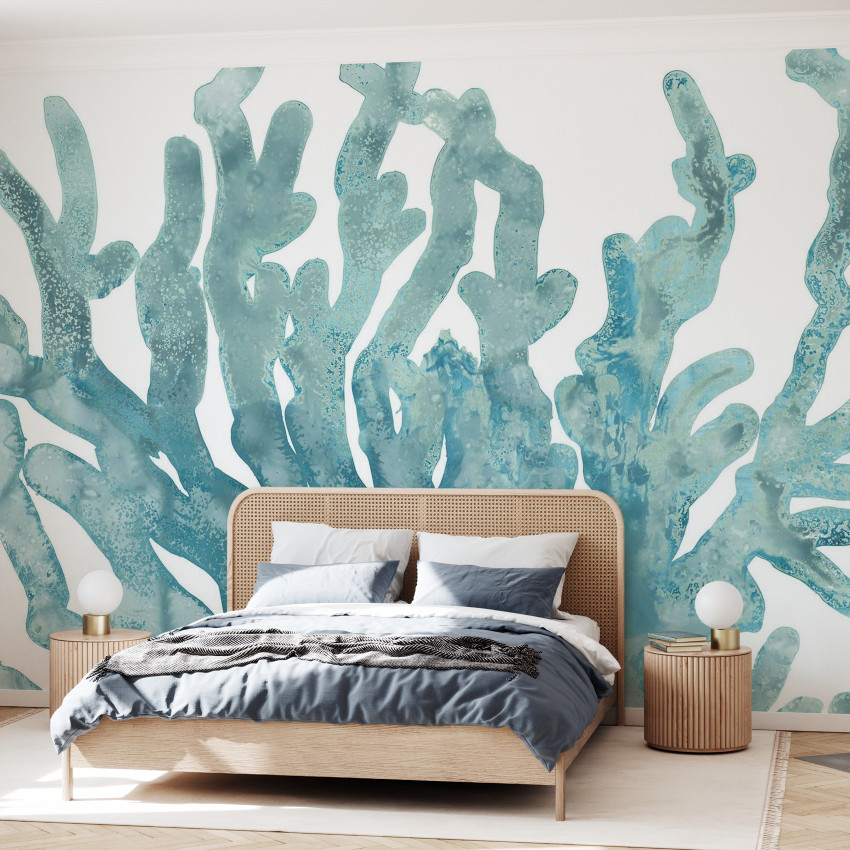 Stone Macro Coral III, wallpaper cu corali gri pe fundal alb, design minimalist, perfect pentru dormitor, sufragerie sau hol.