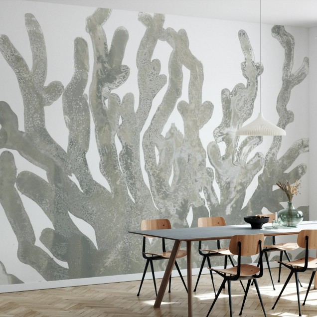 Stone Macro Coral III, wallpaper cu corali gri pe fundal alb, design minimalist, perfect pentru dormitor, sufragerie sau hol.