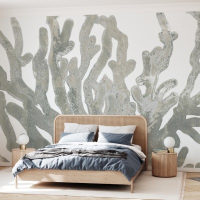 Stone Macro Coral III, wallpaper cu corali gri pe fundal alb, design minimalist, perfect pentru dormitor, sufragerie sau hol.
