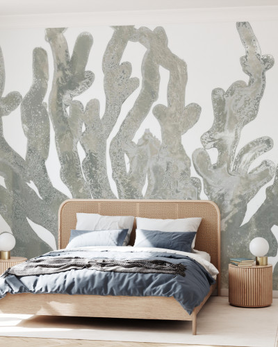 Stone Macro Coral III, wallpaper cu corali gri pe fundal alb, design minimalist, perfect pentru dormitor, sufragerie sau hol.
