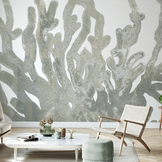 Stone Macro Coral III, wallpaper cu corali gri pe fundal alb, design minimalist, perfect pentru dormitor, sufragerie sau hol.