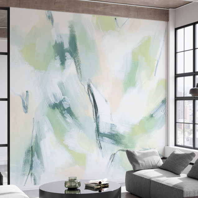 Tapet abstract Mint Fissure, cu nuanțe de verde mint, albastru și roz pal, decorând un living minimalist
