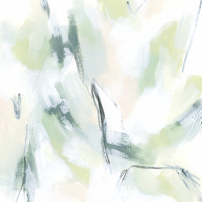 Tapet abstract Mint Fissure, cu nuanțe de verde mint, albastru și roz pal, decorând un living minimalist