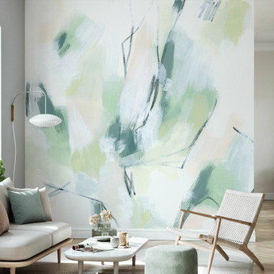 Tapet abstract cu design modern si elegant in nuante de verde si alb