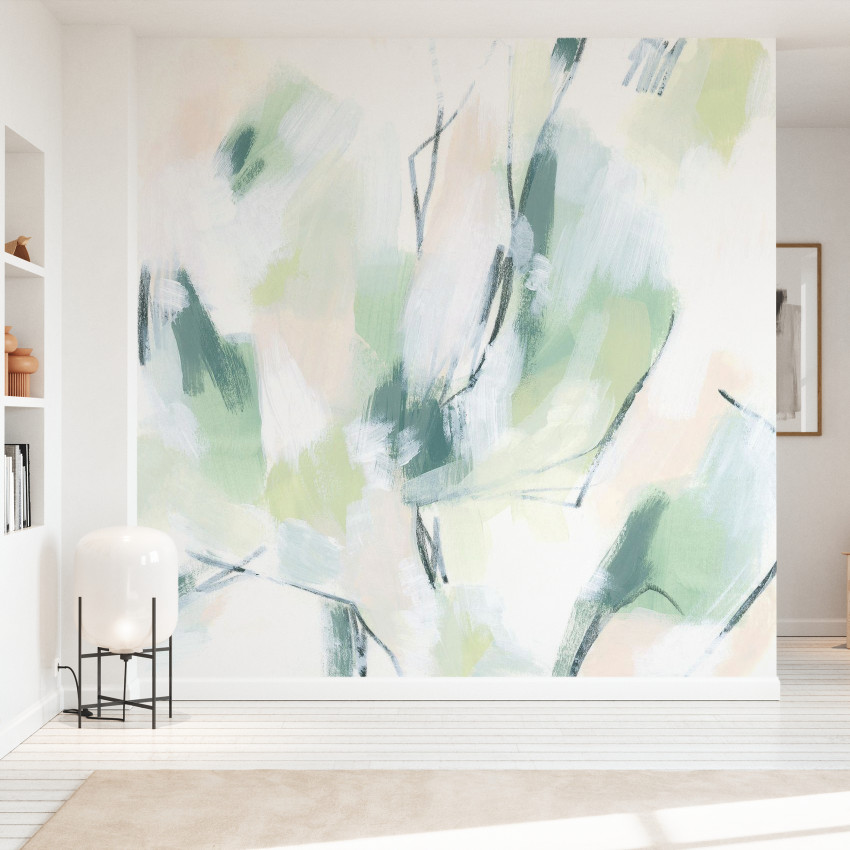 Tapet abstract Mint Fissure, cu nuanțe de verde mint, albastru și roz pal, decorând un living minimalist
