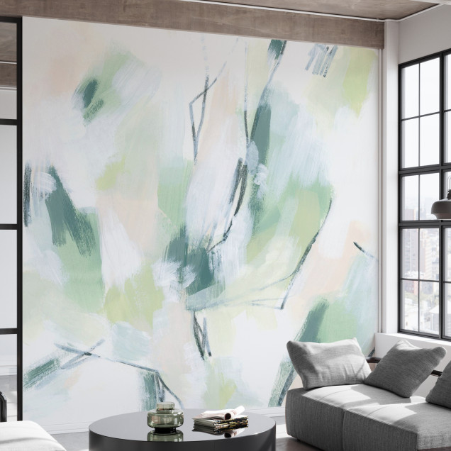 Tapet abstract cu design modern si elegant in nuante de verde si alb
