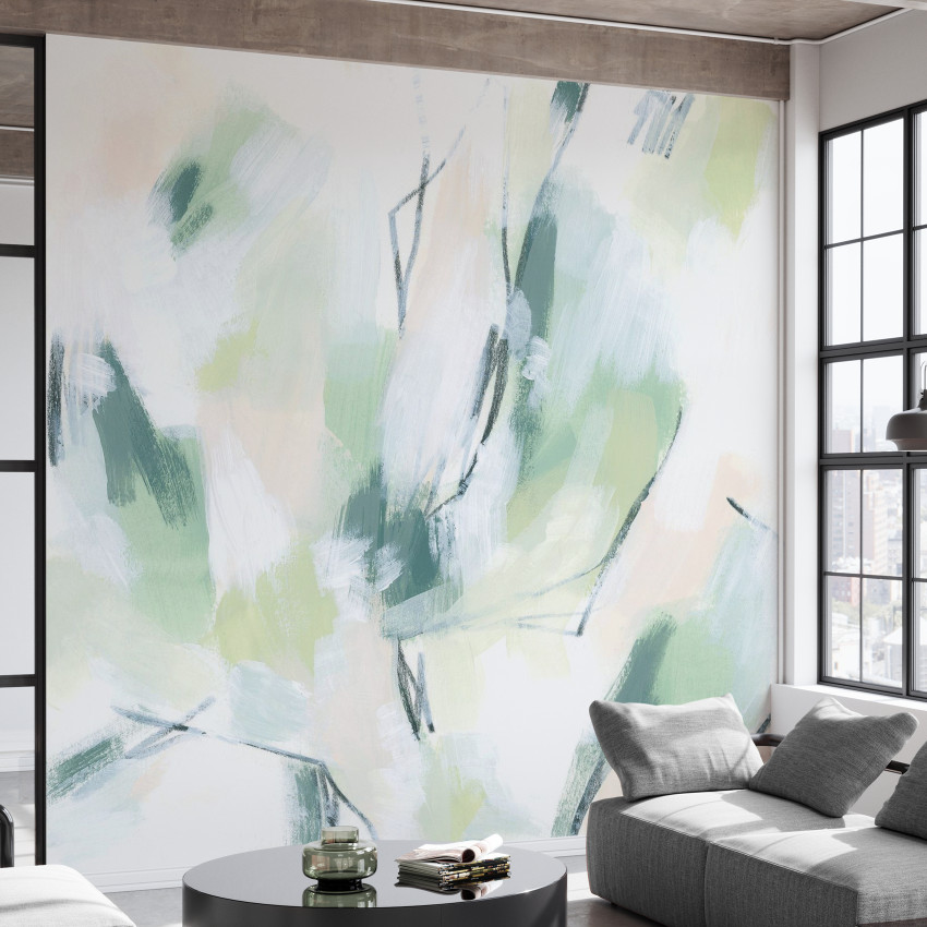 Tapet abstract Mint Fissure, cu nuanțe de verde mint, albastru și roz pal, decorând un living minimalist