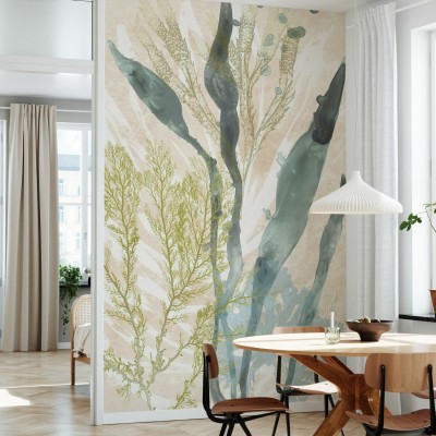 Tapet vintage cu design abstract inspirat de lumea marină, în nuanțe delicate de verde și bej. Perfect pentru living, dormitor sau bucătărie.