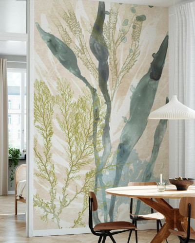 Tapet vintage cu design abstract inspirat de lumea marină, în nuanțe delicate de verde și bej. Perfect pentru living, dormitor sau bucătărie.