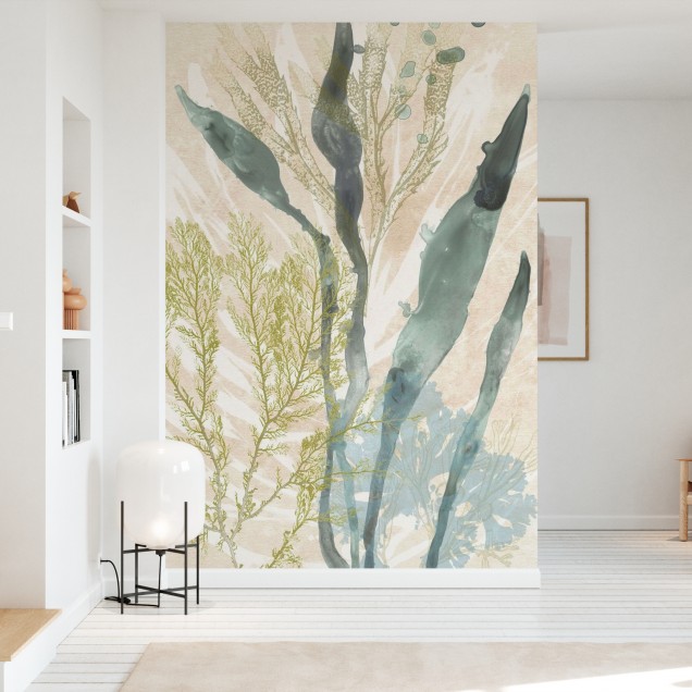 Tapet vintage cu design abstract inspirat de lumea marină, în nuanțe delicate de verde și bej. Perfect pentru living, dormitor sau bucătărie.