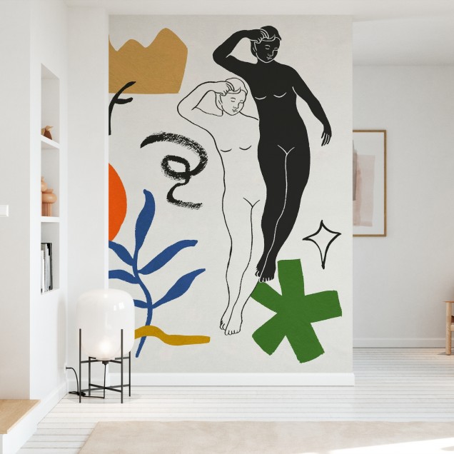 Tapet abstract Starry Venus cu femei în mișcare, flori și forme geometrice.