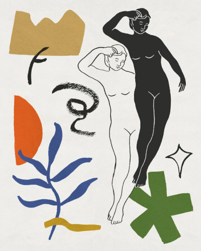 Tapet abstract Starry Venus cu femei în mișcare, flori și forme geometrice.