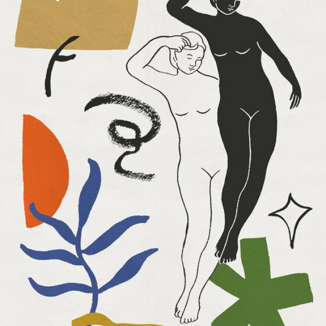 Tapet abstract Starry Venus cu femei în mișcare, flori și forme geometrice.