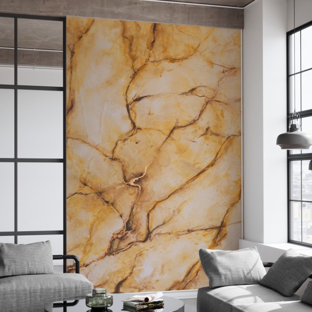 Yellow Marble, fototapet cu un design abstract modern. Nuante calde de galben si accente de aur.