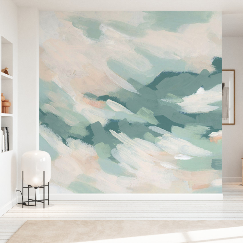 Tapet abstract cu nuanțe de verde turcoaz și roz, perfect pentru un decor modern și relaxant.