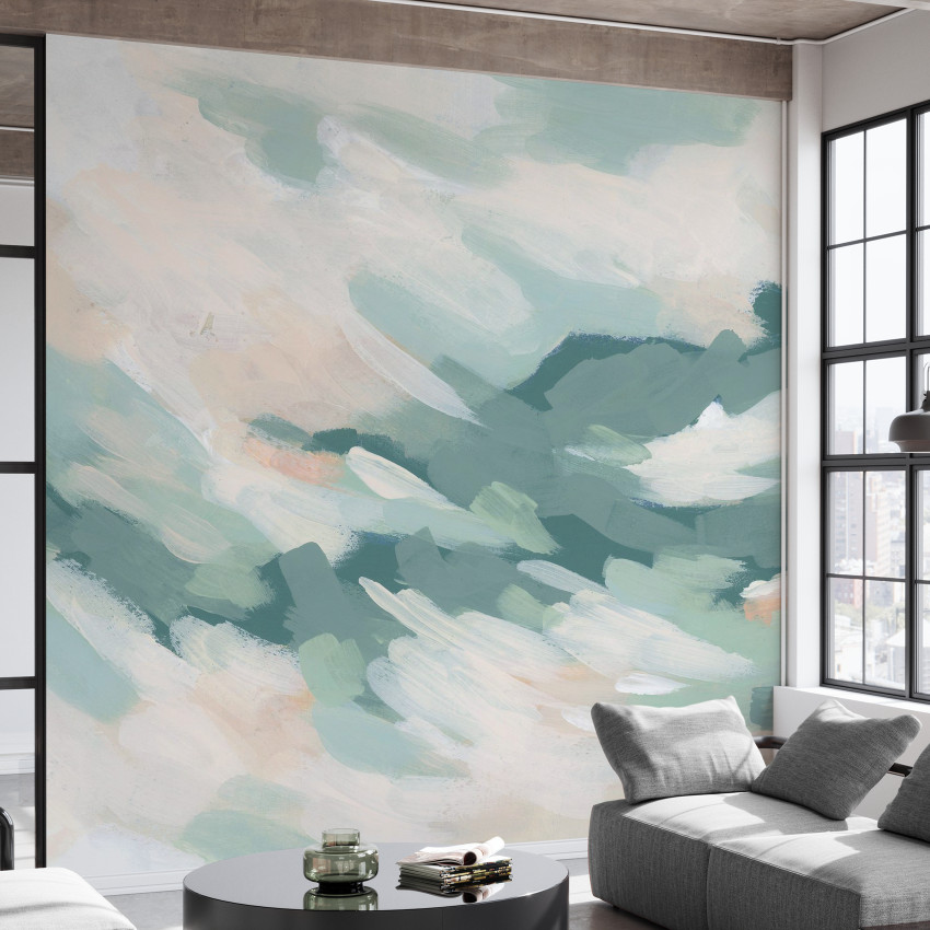 Tapet abstract cu nuanțe de verde turcoaz și roz, perfect pentru un decor modern și relaxant.