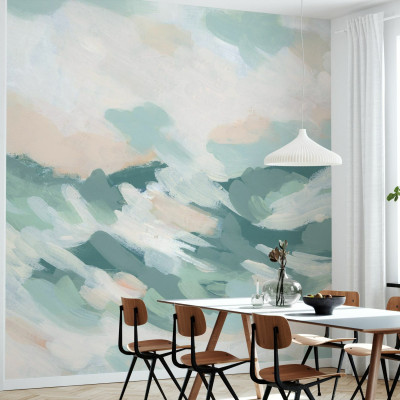 Tapet abstract cu nuanțe de verde turcoaz și roz, perfect pentru un decor modern și relaxant.