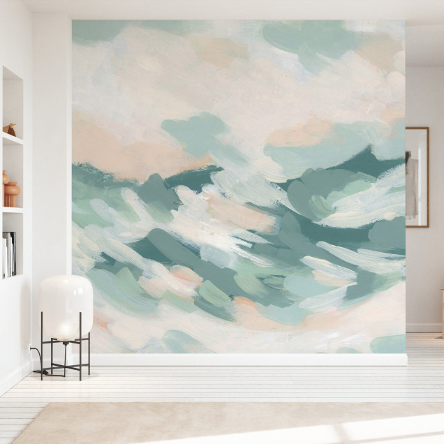 Tapet abstract cu nuanțe de verde turcoaz și roz, perfect pentru un decor modern și relaxant.