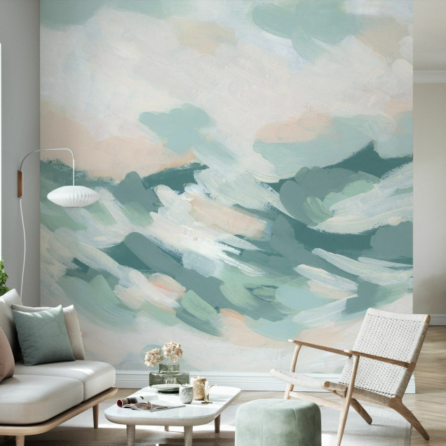 Tapet abstract cu nuanțe de verde turcoaz și roz, perfect pentru un decor modern și relaxant.