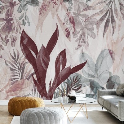 Tapet cu frunze delicate în nuanțe de verde și bordo, perfect pentru a decora orice cameră.