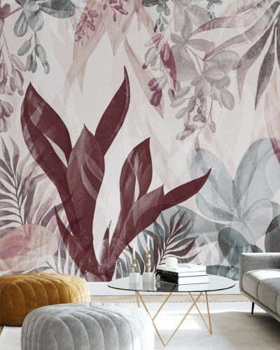 Tapet cu frunze delicate în nuanțe de verde și bordo, perfect pentru a decora orice cameră.