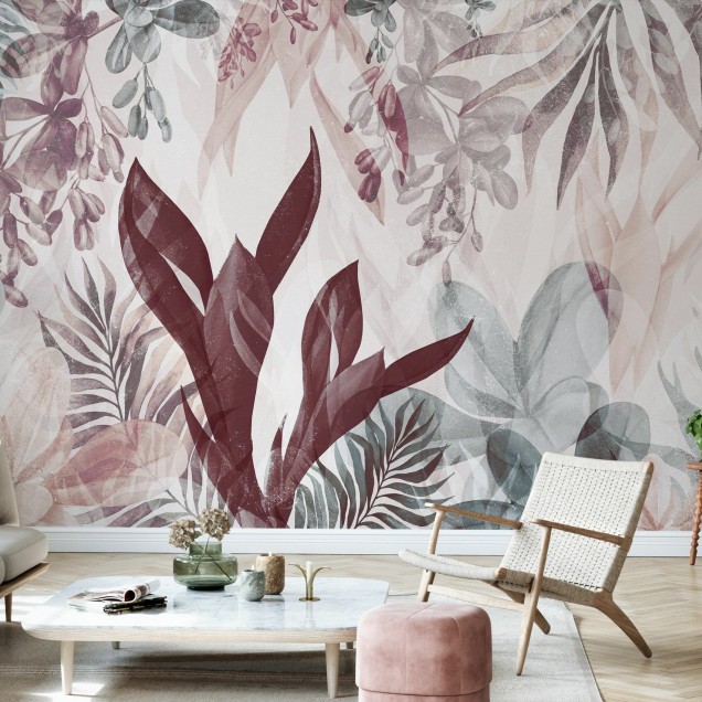 Tapet cu frunze delicate în nuanțe de verde și bordo, perfect pentru a decora orice cameră.