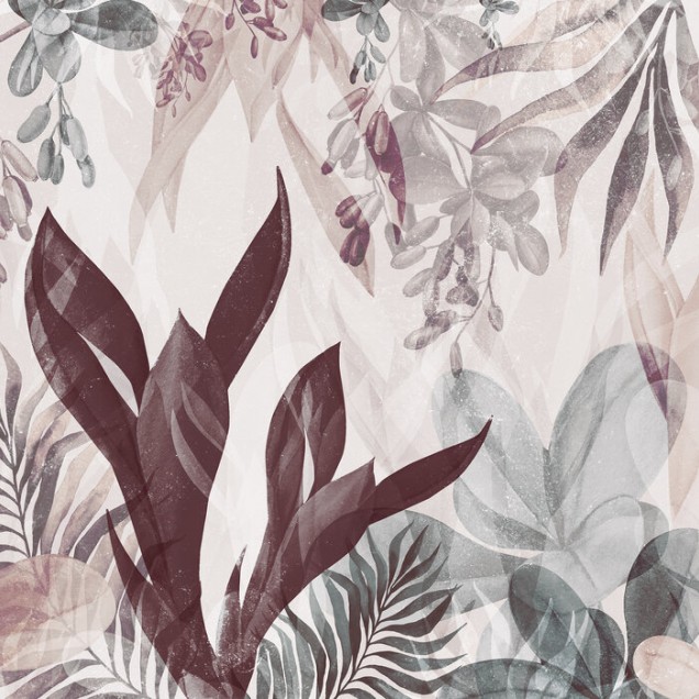 Tapet cu frunze delicate în nuanțe de verde și bordo, perfect pentru a decora orice cameră.