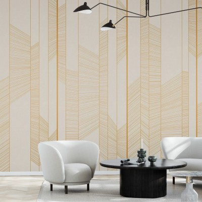 Tapet cu linii subtiri aurii pe un fundal crem. Design minimalist si modern, perfect pentru un living, o camera de zi sau un dormitor.