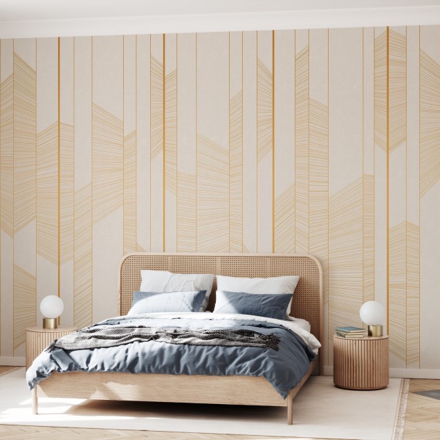 Tapet cu linii subtiri aurii pe un fundal crem. Design minimalist si modern, perfect pentru un living, o camera de zi sau un dormitor.