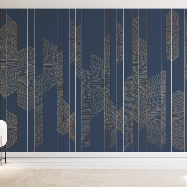 Tapet cu linii fine de aur pe un fundal albastru marin, design geometric contemporan