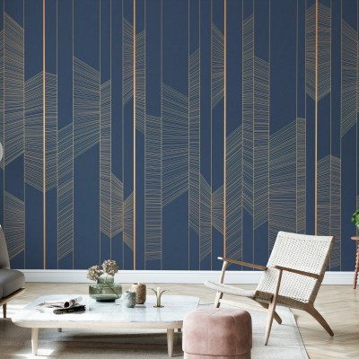Tapet cu linii fine de aur pe un fundal albastru marin, design geometric contemporan