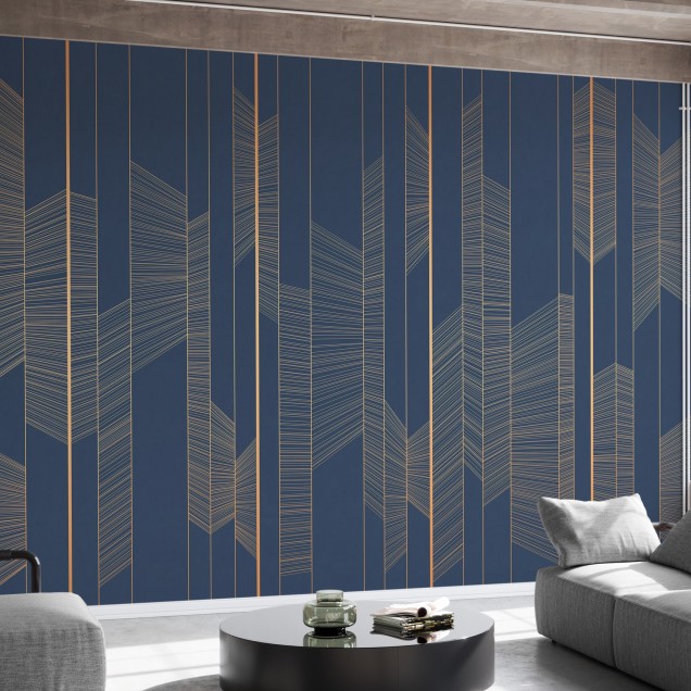 Tapet cu linii fine de aur pe un fundal albastru marin, design geometric contemporan
