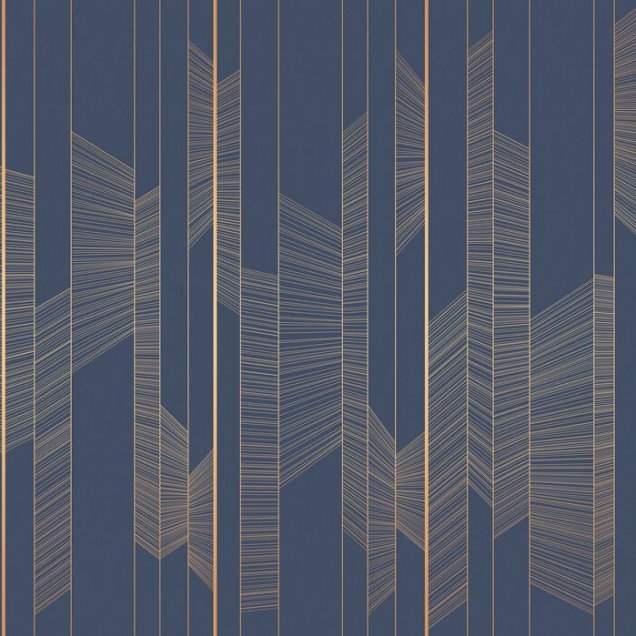 Tapet cu linii fine de aur pe un fundal albastru marin, design geometric contemporan