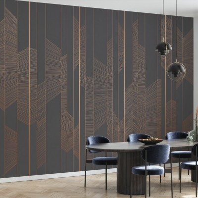 Tapet geometric modern, cu linii subtile din aur roz pe un fundal de moale