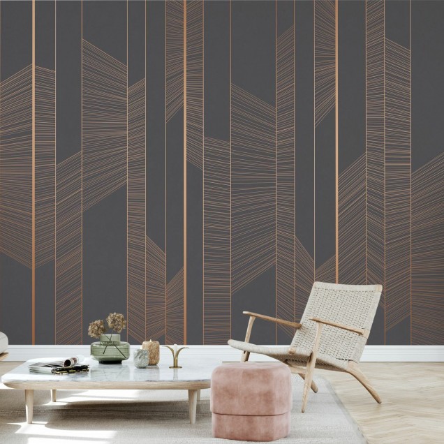 Tapet geometric modern, cu linii subtile din aur roz pe un fundal de moale