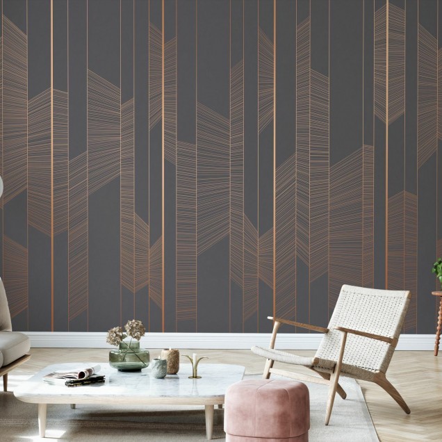 Tapet geometric modern, cu linii subtile din aur roz pe un fundal de moale