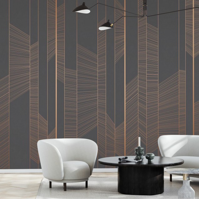 Tapet geometric modern, cu linii subtile din aur roz pe un fundal de moale