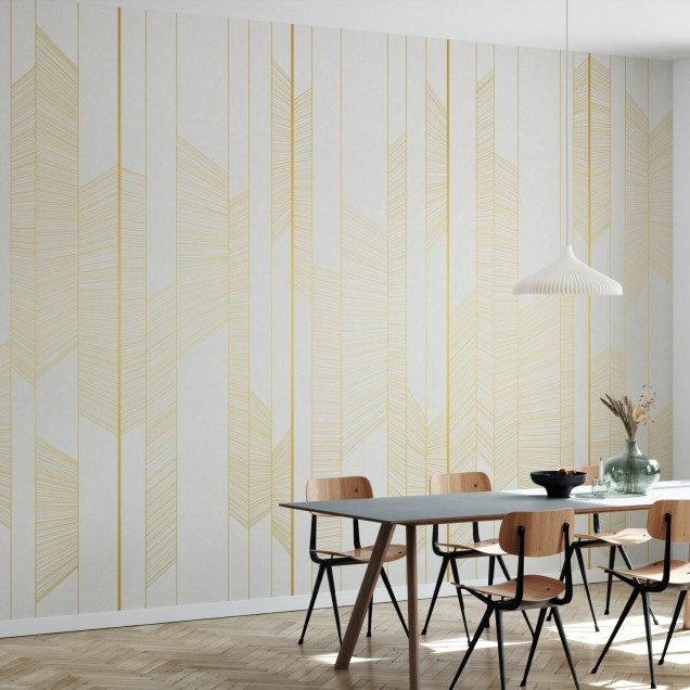 Tapet cu linii aurii delicate, creează o atmosferă modernă și elegantă.