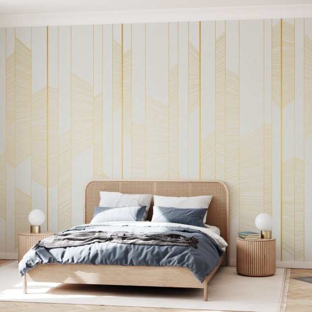 Tapet cu linii aurii delicate, creează o atmosferă modernă și elegantă.