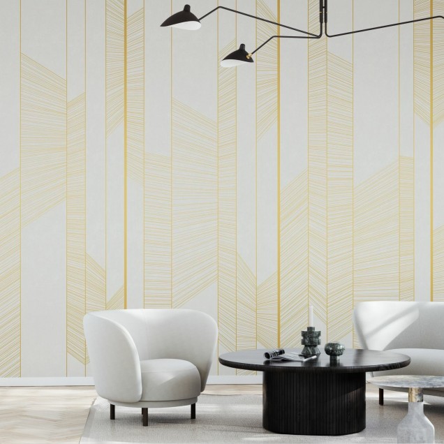 Tapet cu linii aurii delicate, creează o atmosferă modernă și elegantă.