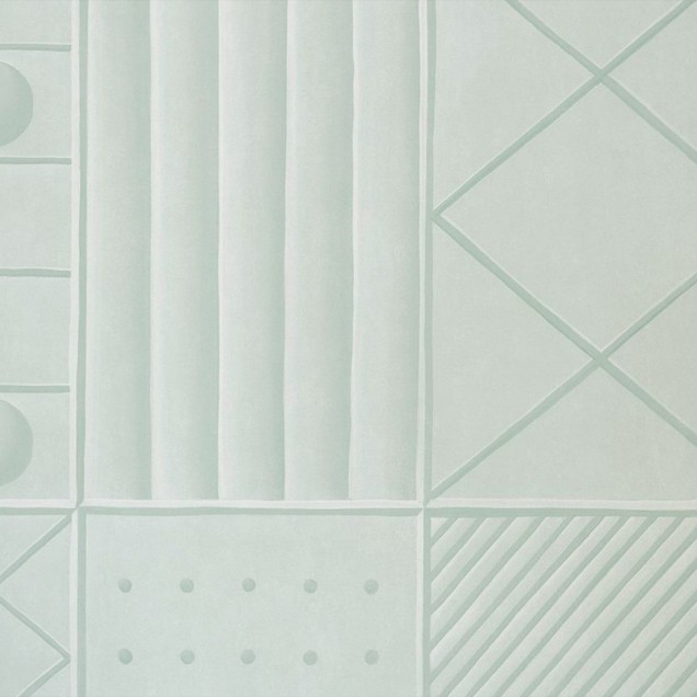 Wallpaper cu forme geometrice simple, in nuante de verde mentă, aplicat pe un perete din bucatarie