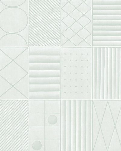 Wallpaper cu forme geometrice simple, in nuante de verde mentă, aplicat pe un perete din bucatarie