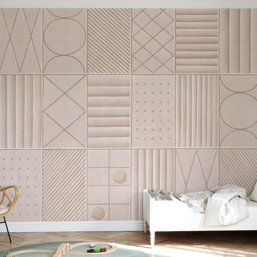 Wallpaper cu forme geometrice simple, in nuante de verde mentă, aplicat pe un perete din bucatarie
